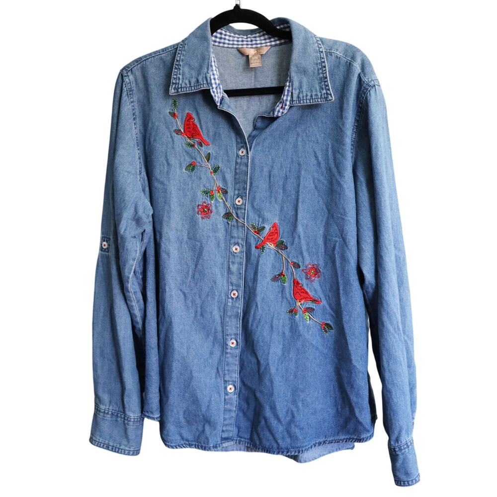 Vintage 90s Y2K Red Bird Cardinal Embroidered Button Down Shirt COTTON Cottage
